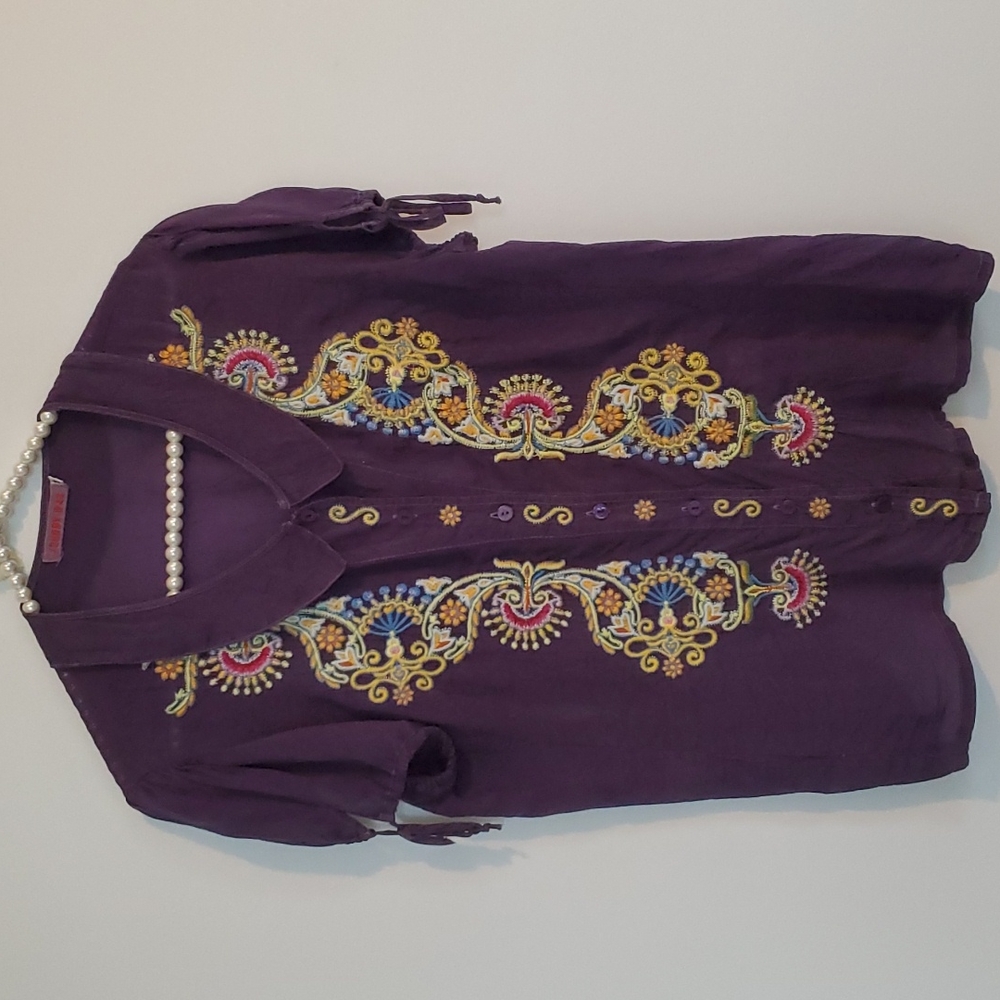 Johnny Was purple/embroidered short sleeve blouse. Size medium
